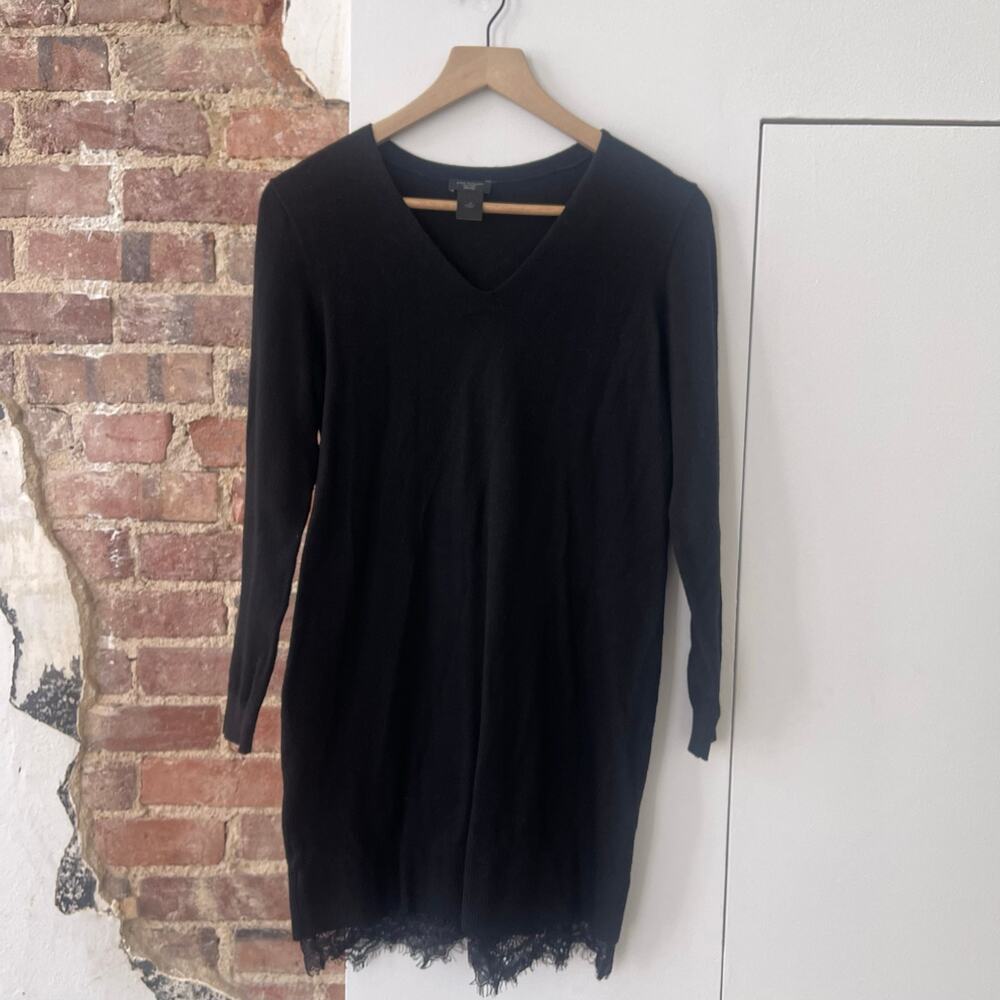 Ann Taylor Factory Petite Black Sweater Dress SP Eyelash Lace Hem